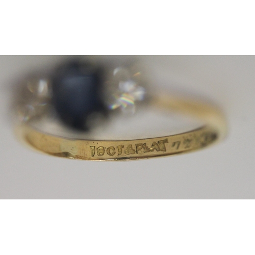 626 - A vintage sapphire and diamond three stone ring, on yellow gold band, marked 18ct & Plat. Ring size ... 