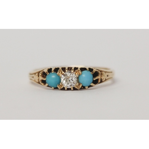 539 - Victorian three stone turquoise and diamond ring, on 18ct yellow gold band, marked 18ct, ring size O