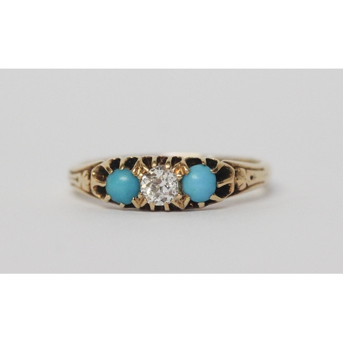 539 - Victorian three stone turquoise and diamond ring, on 18ct yellow gold band, marked 18ct, ring size O