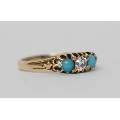 539 - Victorian three stone turquoise and diamond ring, on 18ct yellow gold band, marked 18ct, ring size O