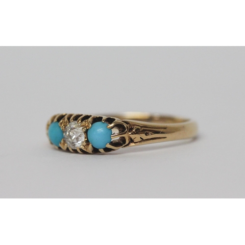 539 - Victorian three stone turquoise and diamond ring, on 18ct yellow gold band, marked 18ct, ring size O