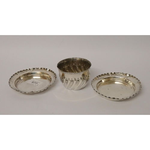 677 - A pair of silver frilled rim dishes and a sugar basin with half lobed detail. Gross weight 5.1 troy ... 