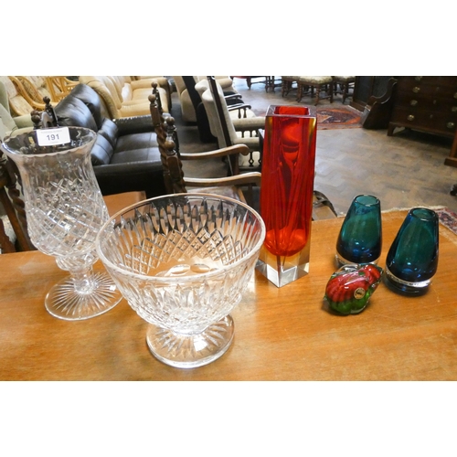 191 - 1960's Art Glass vases, cut glass hurricane lantern and a centre piece bowl