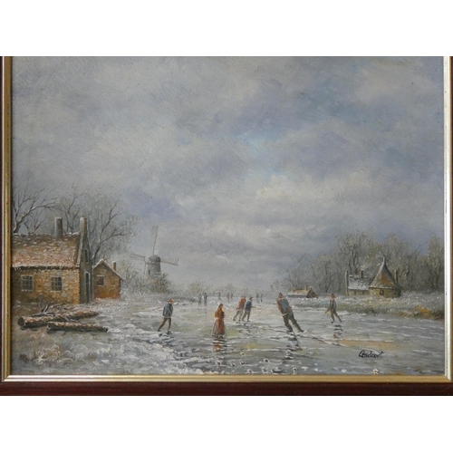 207 - Dutch School Winter scene oil on panel, signed lower right Leickert, in a gilt frame, image size app... 