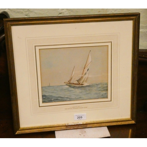 209 - E Tufnell watercolour of a Ketch on the Royal Thames Yacht Club, signed, framed and glazed, image si... 