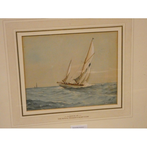 209 - E Tufnell watercolour of a Ketch on the Royal Thames Yacht Club, signed, framed and glazed, image si... 