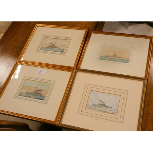 211 - W Sutton, Isle of Wight artist - four watercolours of pre-WW1 Royal Navy ships: HMS Canopus, Alberma... 