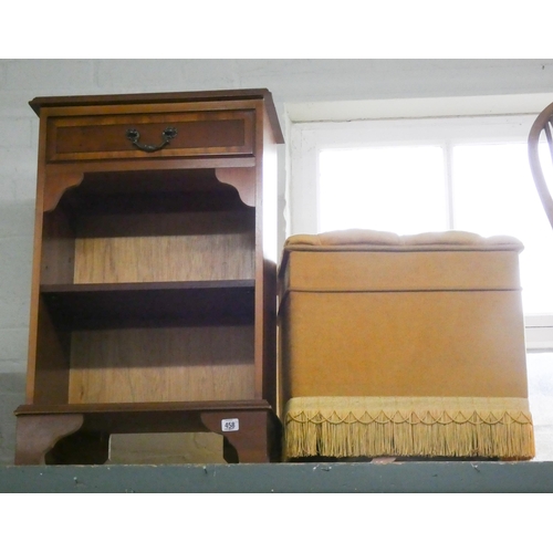 458 - A small reproduction yew wood bookcase, fitted drawer and an upholstered Ottoman