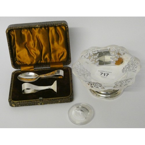 717 - An Australian silver dollar coin, a pierced hallmarked silver bon bon dish and a cased set of silver... 