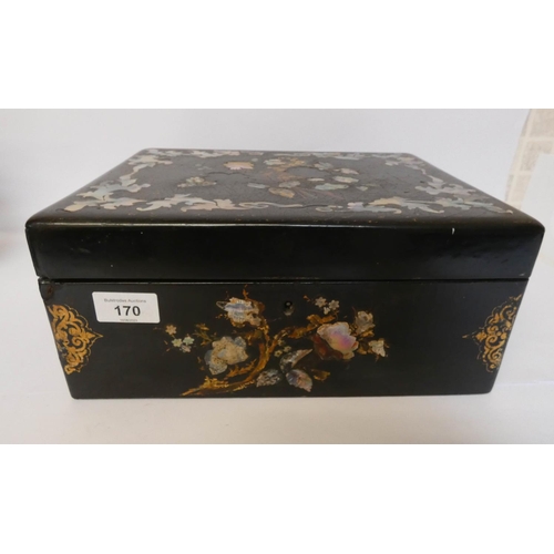 170 - A Victorian black lacquer and Mother of Pearl inlaid ladies travelling vanity case with various silv... 