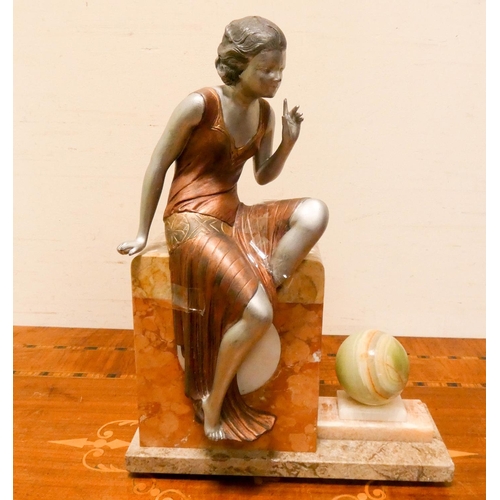 176 - An Art Deco coloured spelter figure of a girl seated on a marble plinth