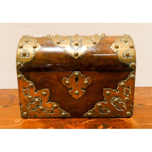 178 - A Victorian walnut brass mounted and studded domed topped stationery box