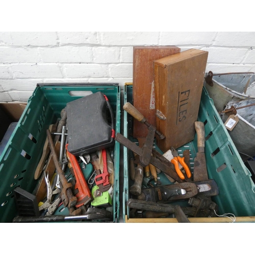 728 - Two large boxes of old hand tools, files, planes etc