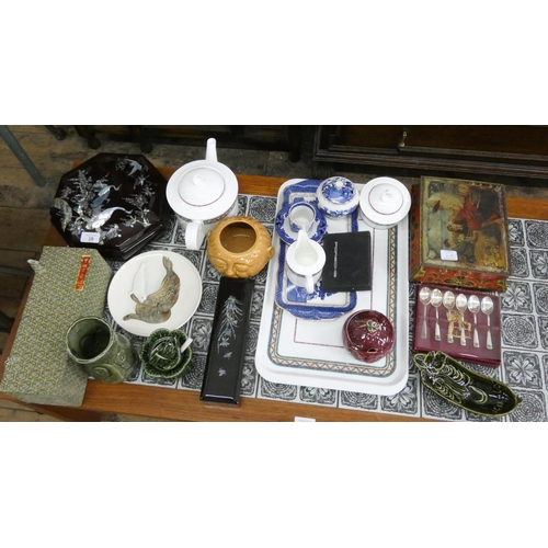 28 - Lacquered box, Chinese vase, tea and coffee ware, old biscuit tins, spoons etc