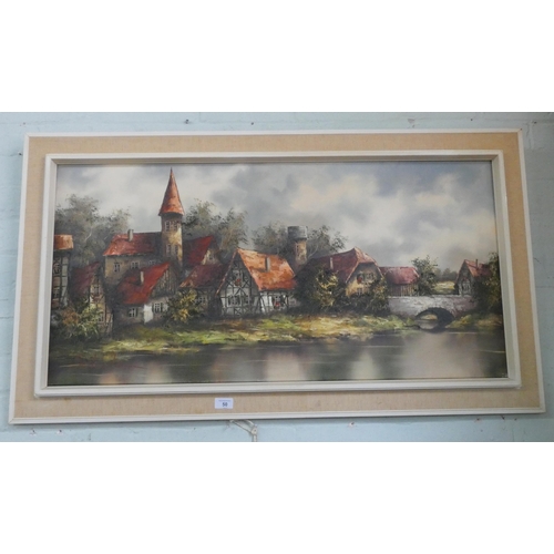 50 - A modern framed oil on canvas continental village scene signed Scholz with certificate