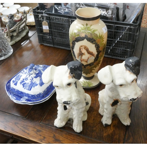 63 - Painted Bohemian glass vase, pair of terrier dog ornaments and willow pattern tureens