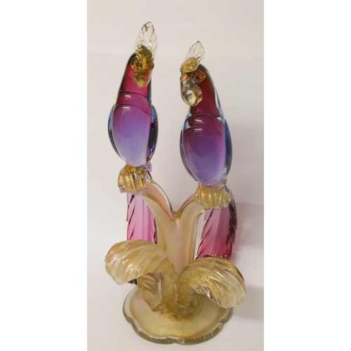 151 - A Murano glass large group of parakeets on a branch, standing 46cms tall