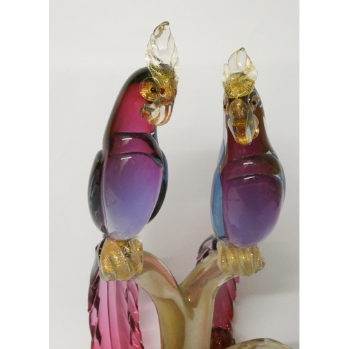 151 - A Murano glass large group of parakeets on a branch, standing 46cms tall