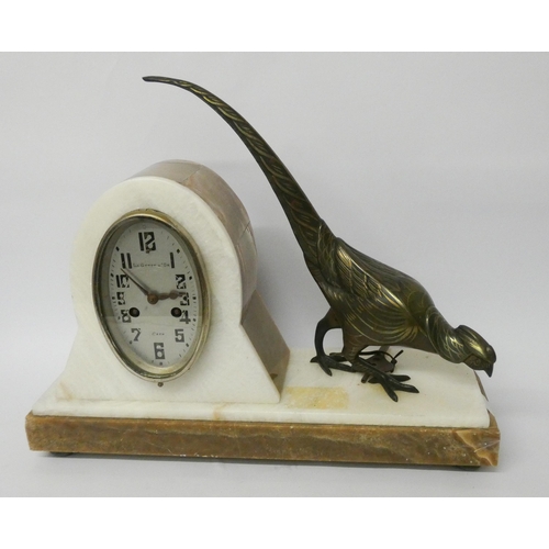 154 - A French Art Deco and spelter mantle clock mounted with an exotic pheasant