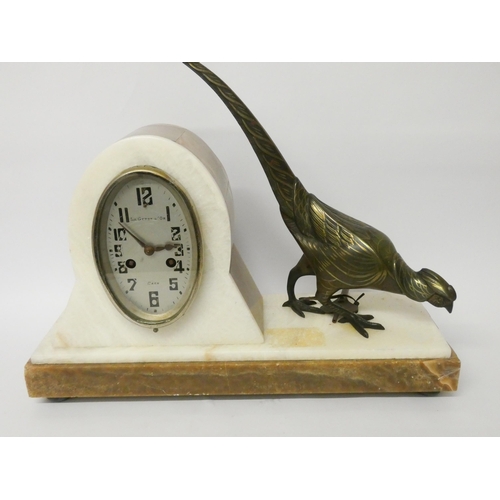 154 - A French Art Deco and spelter mantle clock mounted with an exotic pheasant