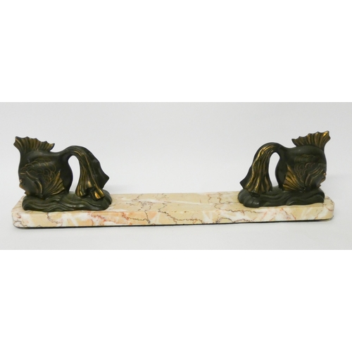 158 - An Art Deco onyx and spelter group of bookends depicting fish, 48cms across