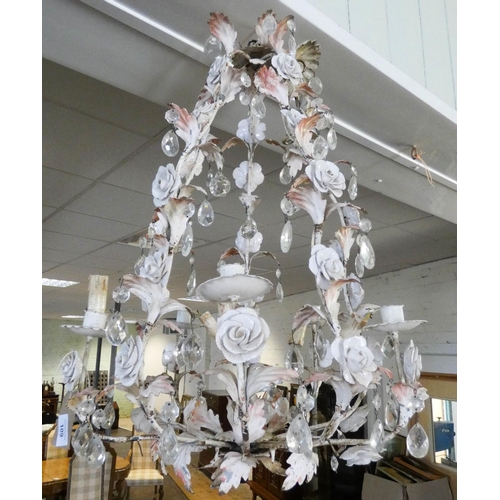 109 - Shabby Chic wrought iron and glass droplet centre light fitting, ideal to use as a candle chandelier