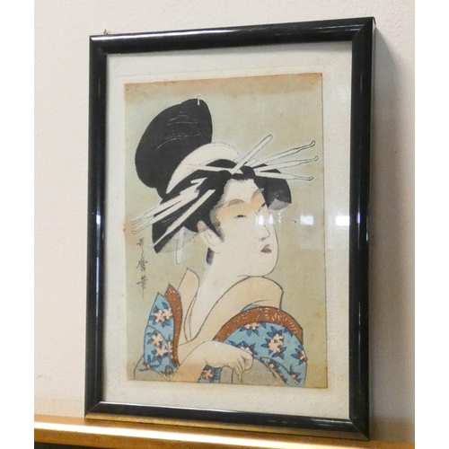 122 - A Utamaro wood block framed Japanese print and another smaller