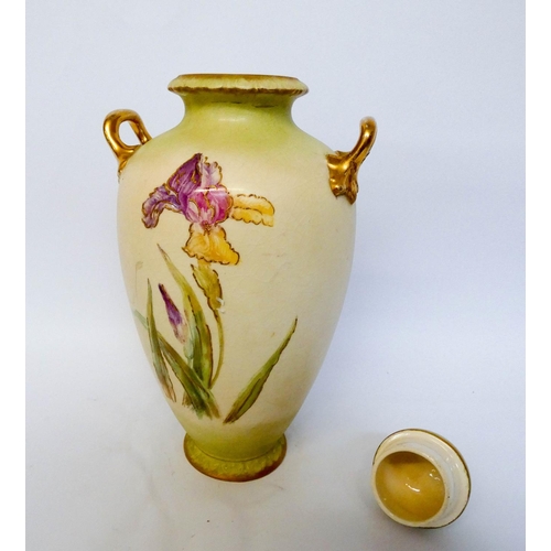 163 - Twin handled twin pottery vase and cover decorated with Iris, impressed marks to the base, 37cms tal... 