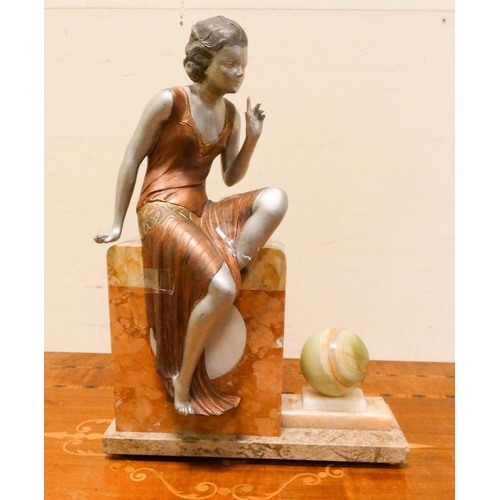 176 - An Art Deco coloured spelter figure of a girl seated on a marble plinth