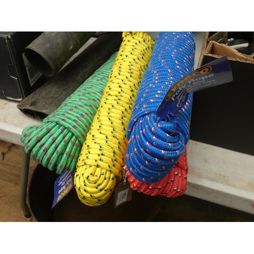 726 - Four new rolls of Syneco poly rope 9mm x 30 metres long red, green, yellow and blue