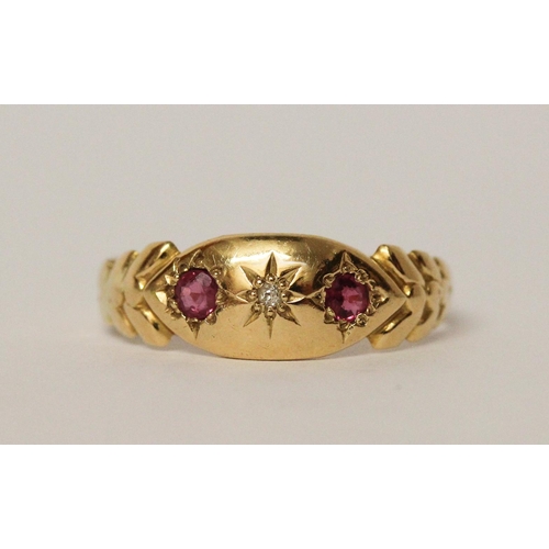 470 - Victorian 18ct gold ruby and diamond gypsy ring, hallmarked, ring size O