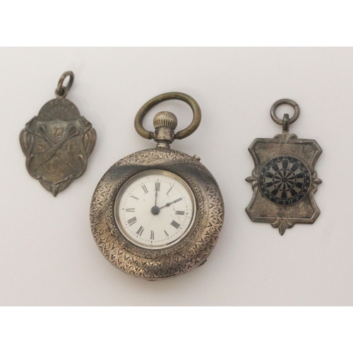 452 - Victorian silver ladies fob watch and two silver sporting medallions