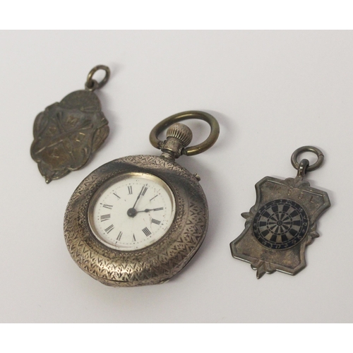 452 - Victorian silver ladies fob watch and two silver sporting medallions