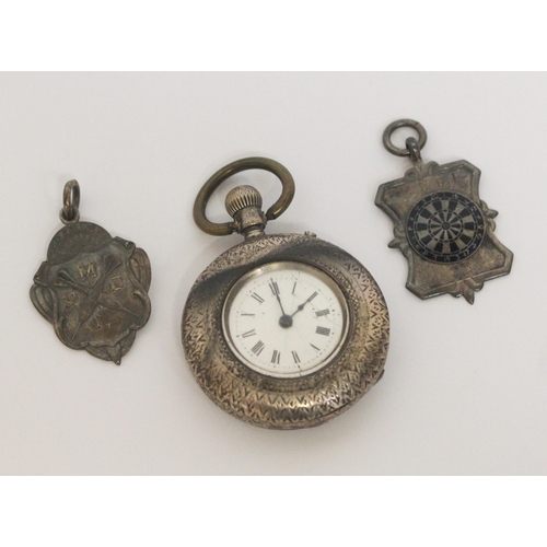 452 - Victorian silver ladies fob watch and two silver sporting medallions