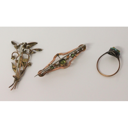 456 - Edwardian 9ct gold seed pearl spray brooch, antique turquoise ring and a vintage bar brooch