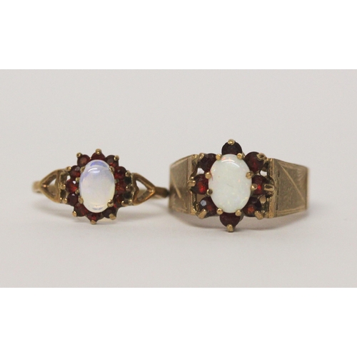 459 - Two 9ct gold ladies opal and garnet dress rings, larger ring size M smaller size J