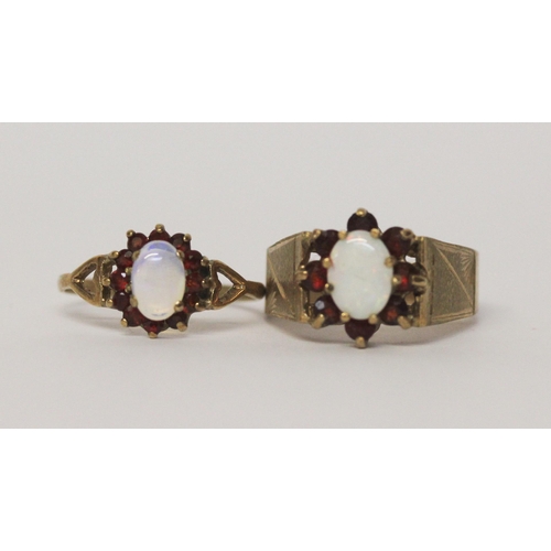 459 - Two 9ct gold ladies opal and garnet dress rings, larger ring size M smaller size J