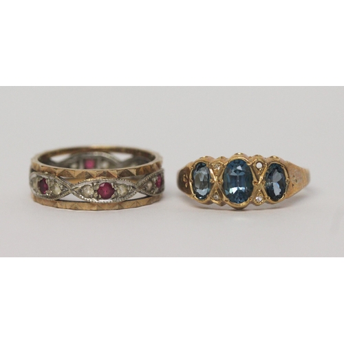 460 - Two ladies 9ct gold stone set dress rings, eternity ring size M, three stone size O