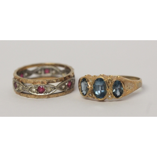 460 - Two ladies 9ct gold stone set dress rings, eternity ring size M, three stone size O