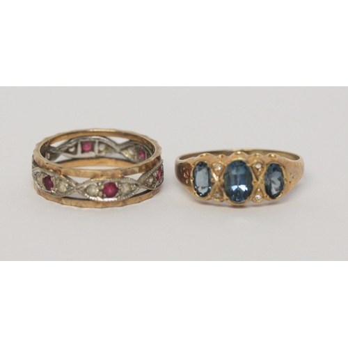 460 - Two ladies 9ct gold stone set dress rings, eternity ring size M, three stone size O