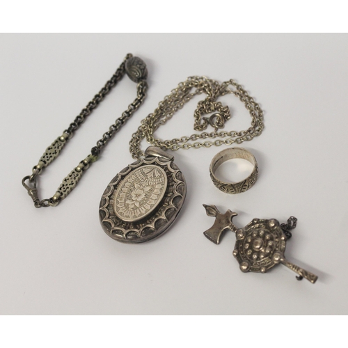 461 - Large Victorian oval silver locket, Celtic design silver bar brooch, Albertine bracelet etc