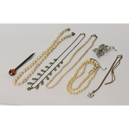 462 - Art Deco style paste brooch, Celtic kilt pin, cultured pearl necklaces