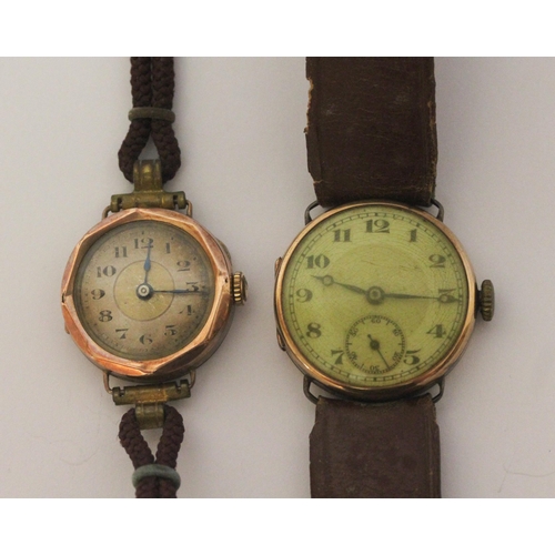 474 - Gents vintage 9ct gold cases wristwatch and a ladies 9ct gold cased wristwatch - both on brown leath... 