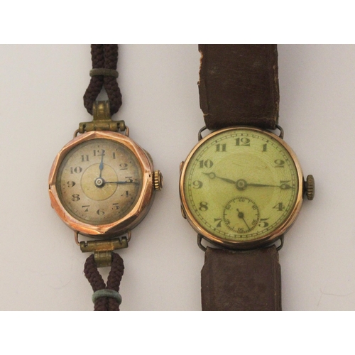 474 - Gents vintage 9ct gold cases wristwatch and a ladies 9ct gold cased wristwatch - both on brown leath... 