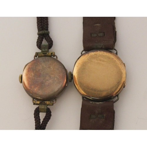 474 - Gents vintage 9ct gold cases wristwatch and a ladies 9ct gold cased wristwatch - both on brown leath... 