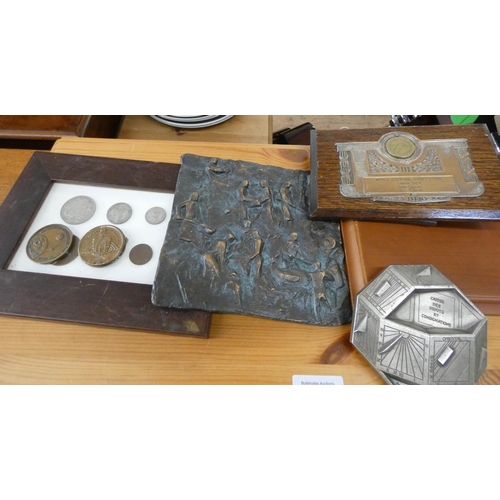 71 - Half boat hull, medals and coins, plaque, two pieces of Lalique style pressed glass etc