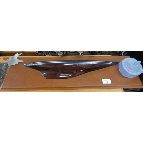 71 - Half boat hull, medals and coins, plaque, two pieces of Lalique style pressed glass etc