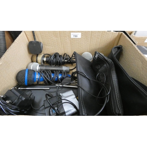 780 - Two boxes containing a large quantity of assorted microphones and microphone accessories etc