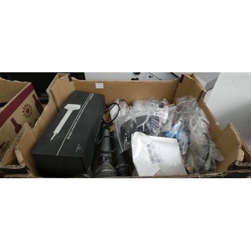 780 - Two boxes containing a large quantity of assorted microphones and microphone accessories etc