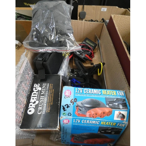 781 - A box containing mini guitar amplifier, 12 volt heater fan, other guitar mix and decks, valves etc